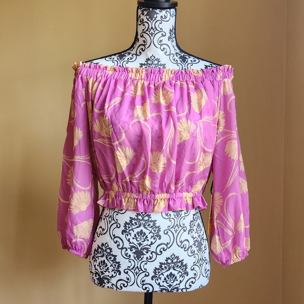 Unique Vintage Pink and Gold Off-Shoulder Blouse
